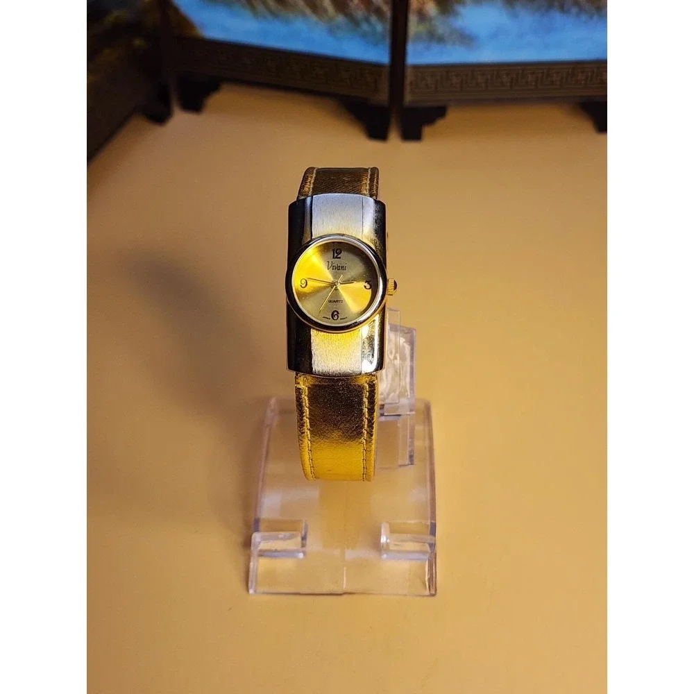 Vtg VIVIANI Gold Tone Watch With Gold Leather Band New Battery FREE $HIPPING!!